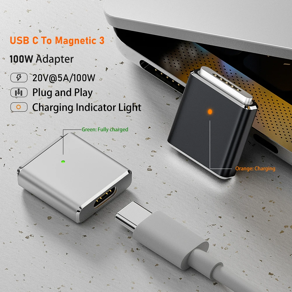 100W Replaceable Magnetic 3 Adapter with LED Indicator PD3.1 Type-C Female To Magnetic 3 Adapter 5A 20V for MacBook Air/Pro