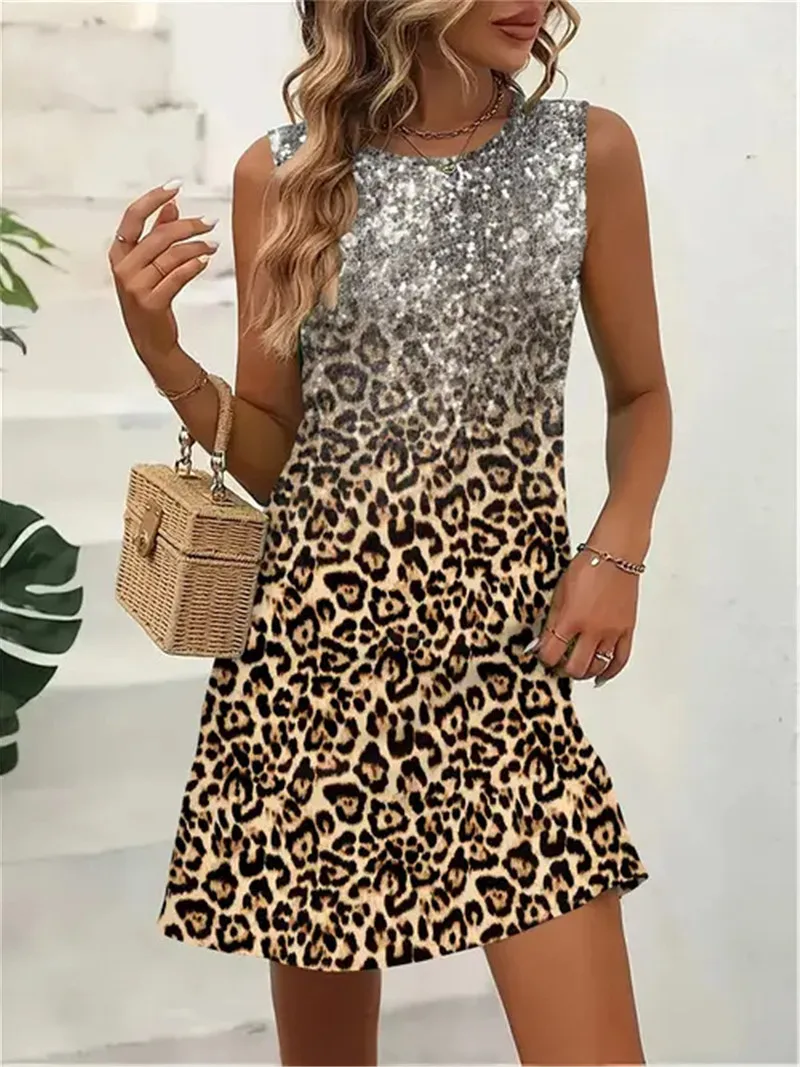 

Модные женские мини-платья с леопардовым и цветочным узором, летнее уличное женское платье без рукавов с 3D принтом 3XL, повседневное платье большого размера