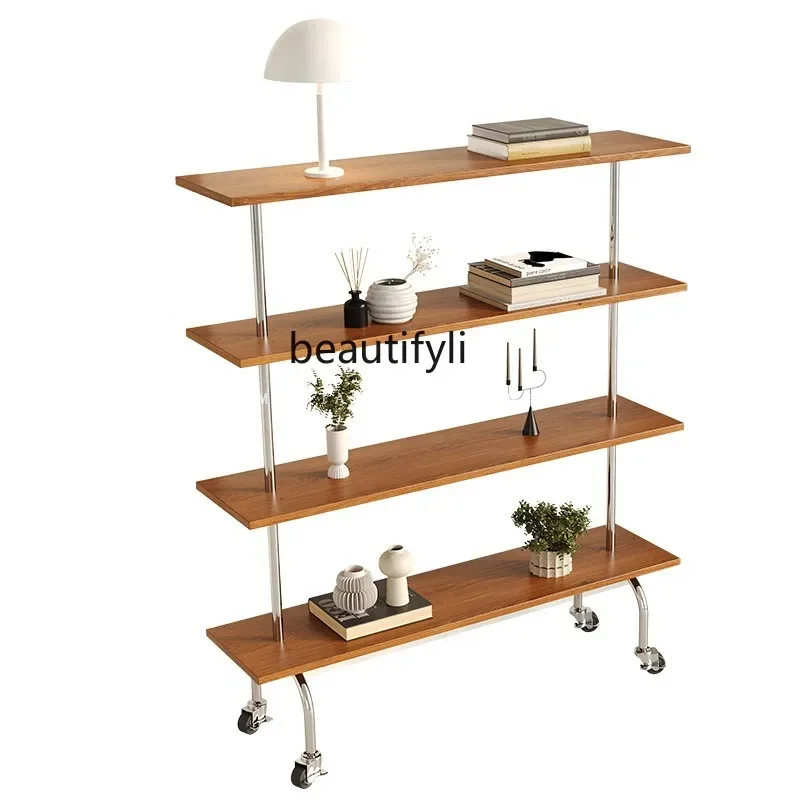 Wheel floor designer storage rack trolley solid wood stainless steel bookshelf medieval shelf