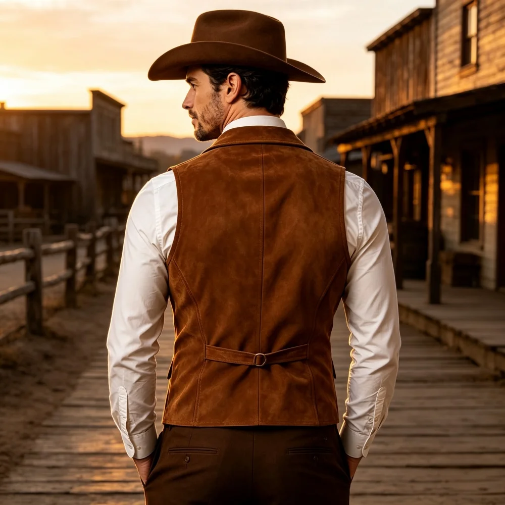 Men's Suede Waistcoat CowboyNotched Lapel Double Breasted Vest  Vintage With Real Pocket Sleeveless Men's  Suede Vest