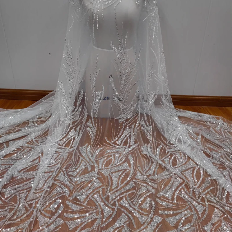 High Quality Fashion Style White Studded Sequins Mesh Wedding Dress Lace Fabric