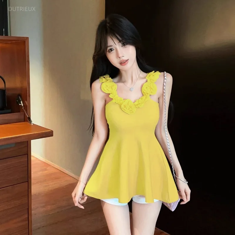 Knitted T Shirt For Women Ruffles Flowers Solid Spring Summer Retro Ropa De Mujer Korean Fashion Sexy Tank Tops