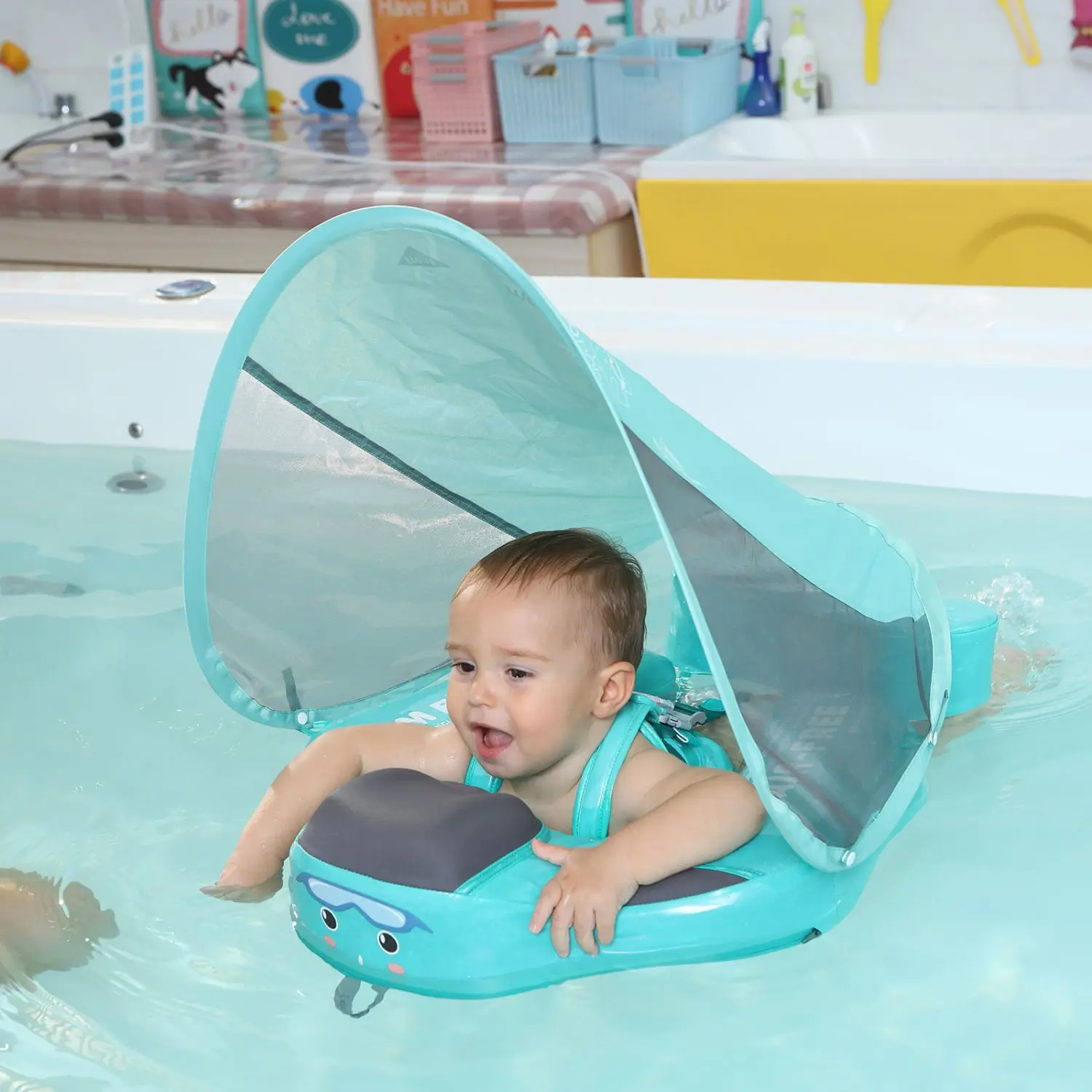 Mambobaby Pływak z Ochroną Szyi dla Niemowląt/Dzieci z Daszkiem, Nie Nadmuchiwany, Solidny, Ulepszony, Miękki, Wodoodporny, Przyjazny dla Skóry, Skóra Ekologiczna