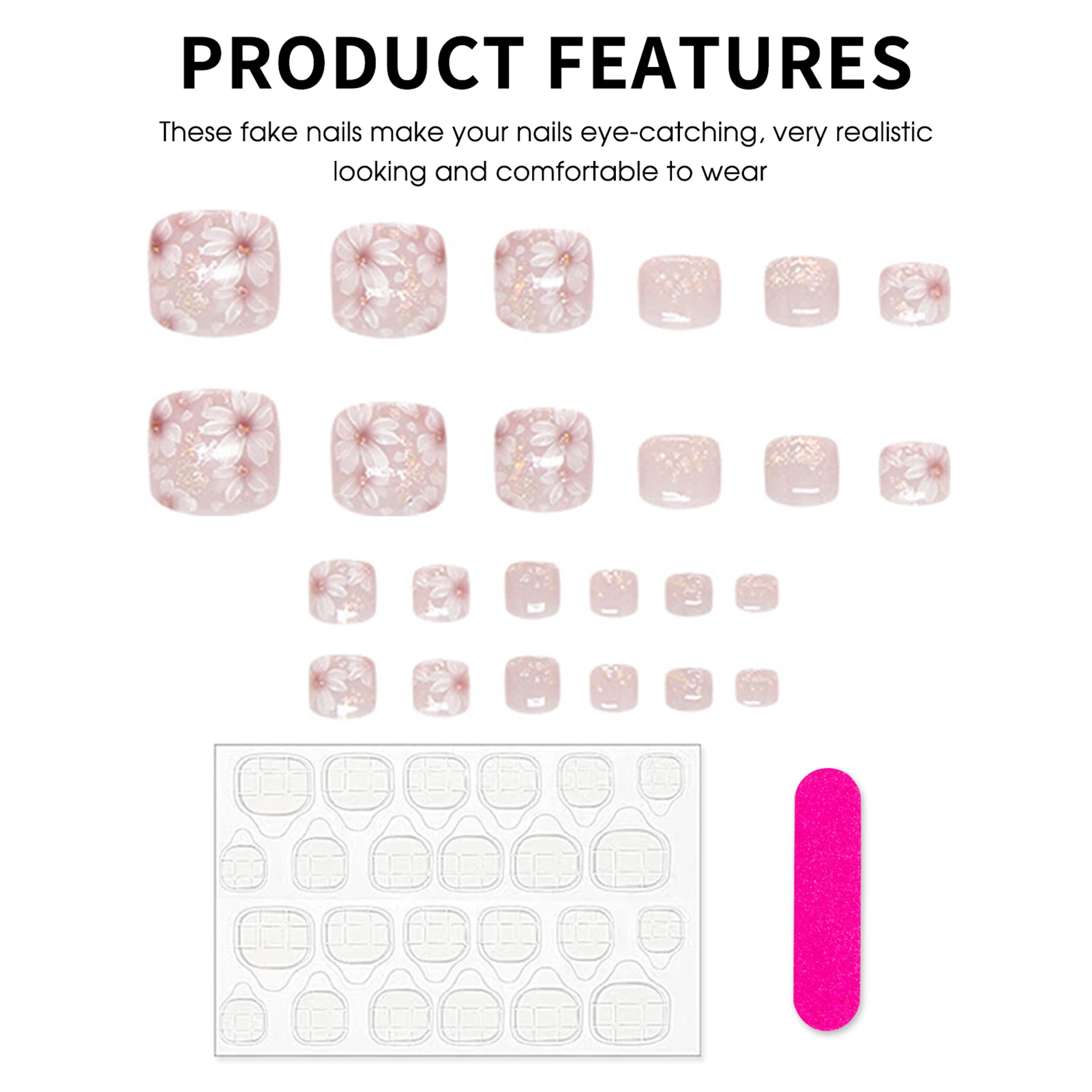 24 stks Goud Flash Poeder Valse Teennagels Zomer Kleine Verse Witte Bloem Gedrukt Druk Op Teennagel Licht Roze Vierkante Nep Teennagels