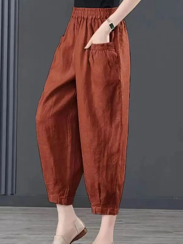 High Waist Cotton Linen Women's Pants Ice Silk Drapey Nine Points Harlan Loose Summer Casual Trousers Asymmetric Commute Style
