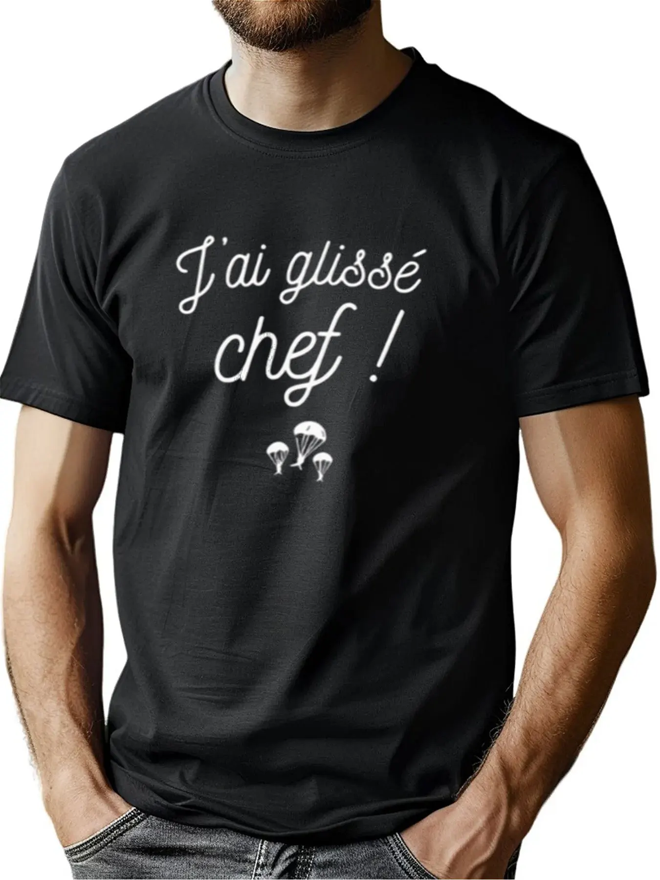 

Men's Premium Cotton Soft Tee With J'ai glissé chef Print With Parachute, Lounge Fit Halloween Gift For Men​