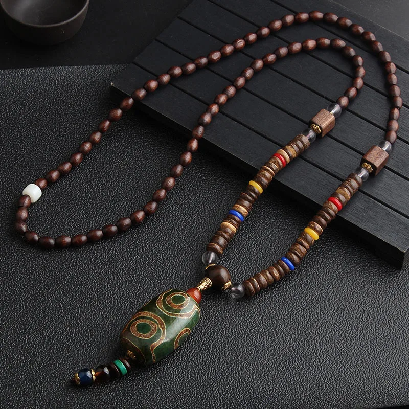 Unisex Handmade Necklace Nepal Buddhist Mala Wood Beads Pendant & Necklace Ethnic Fish Horn Long Statement Men Women\'s Jewelry