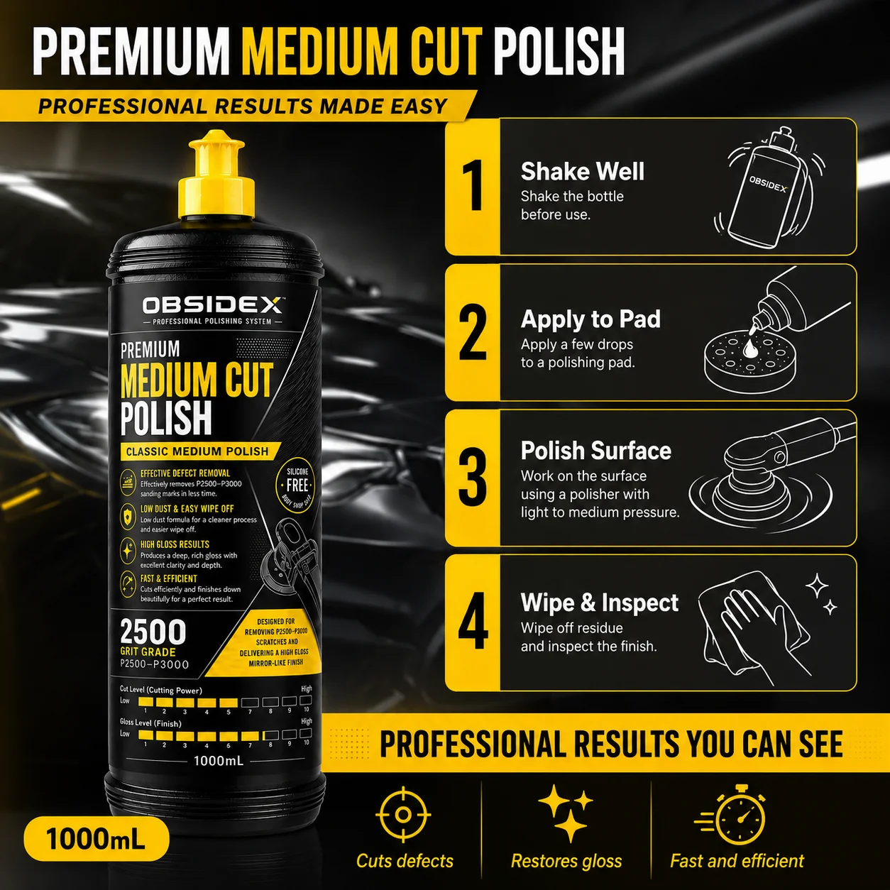 OBSIDEX Medium Cut Polish – Classic Medium Polish for Scratch Removal, P2500–P3000 Sanding Marks & Mirror-Like Shine