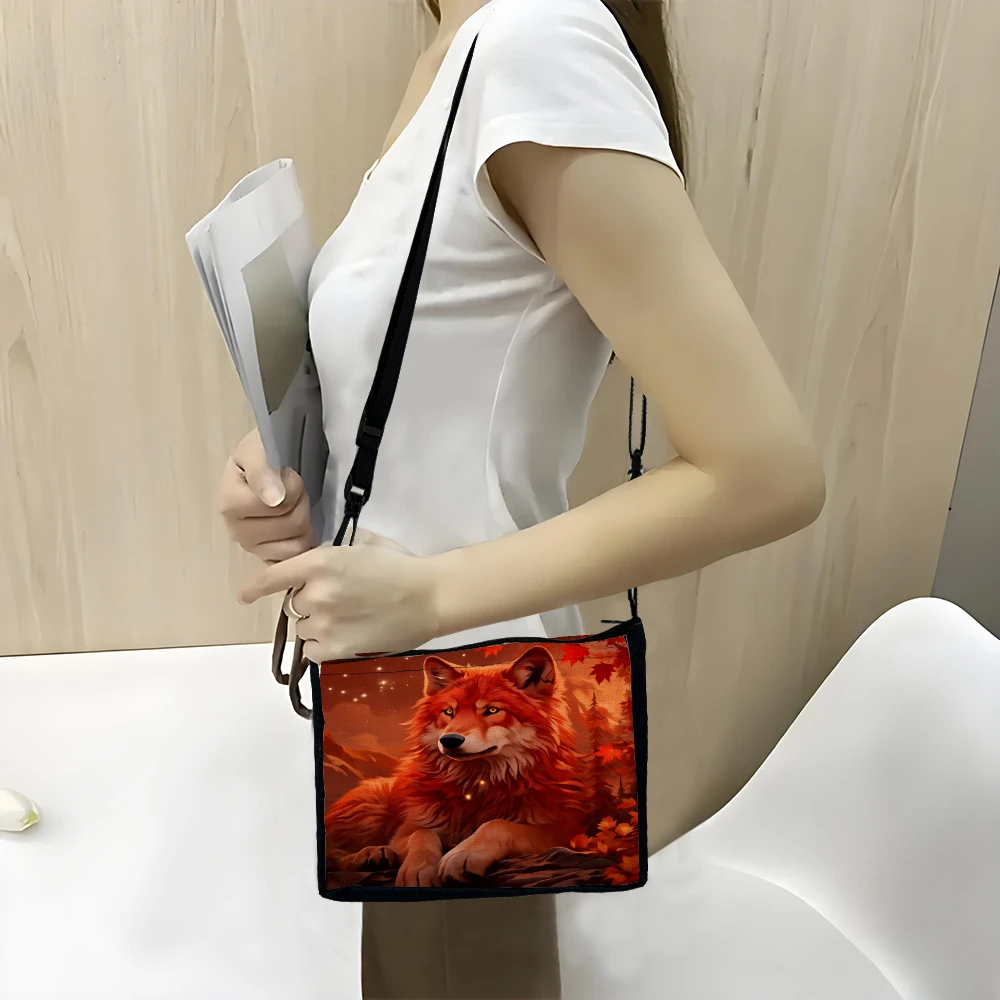1pc Wolf Animal Print Crossbody Bag Orange Autumn Forest Design Shoulder Bags For Women Men Outdoor Travel Daily Use Pouch