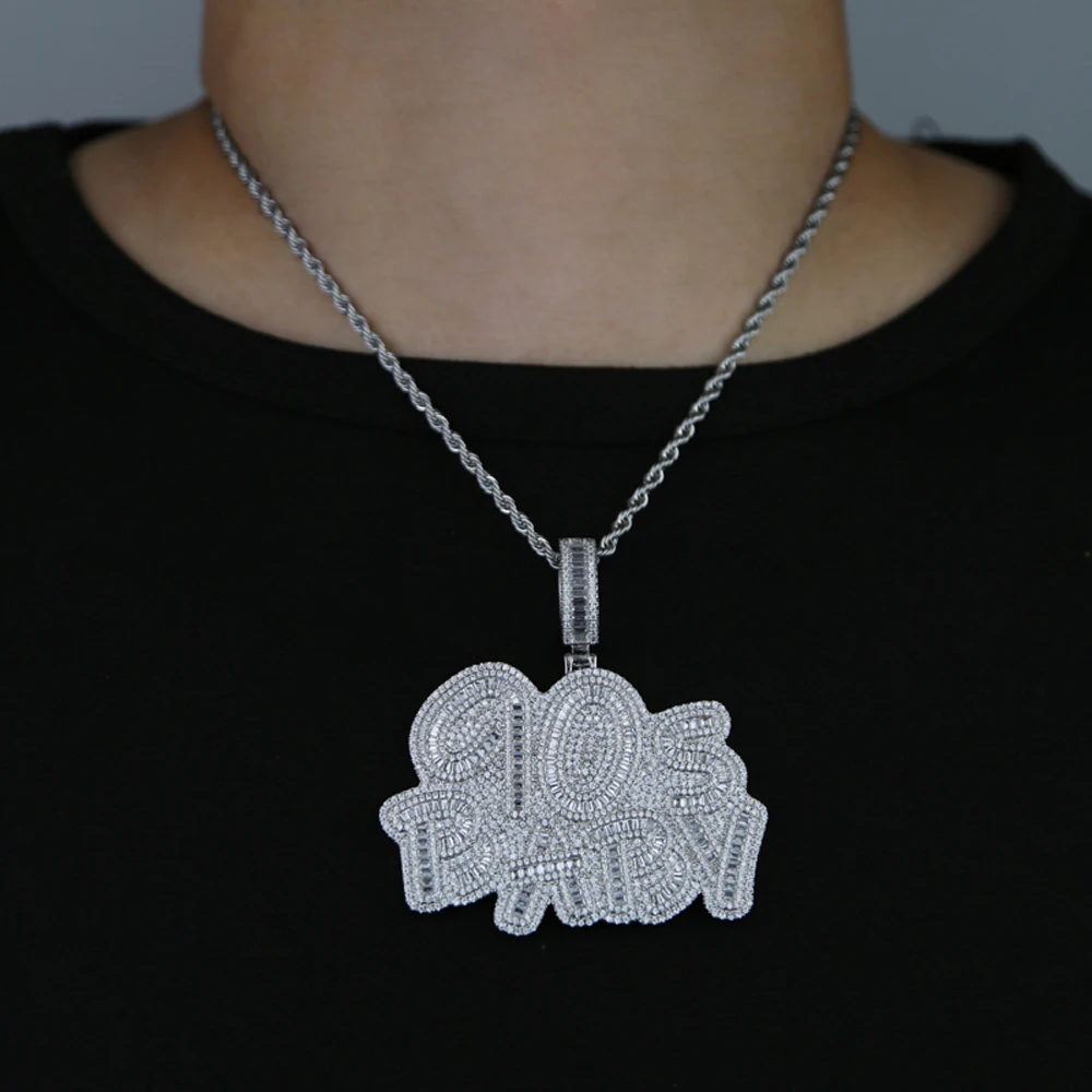 Iced Out Letter 90s Baby Prong Necklace Pendant for Men Silver Color Bling Cubic Zirconia Charm Hip Hop Jewelry