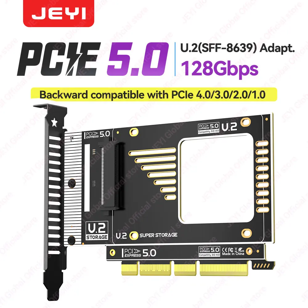 JEYI PCIe 5.0 to U.2 (SFF-8639) Adapter Card 128Gbps U.2 SSD Expansion Card for PCIE X4/X8/X16 Slots Compatible for PCIe 4.0/3.0