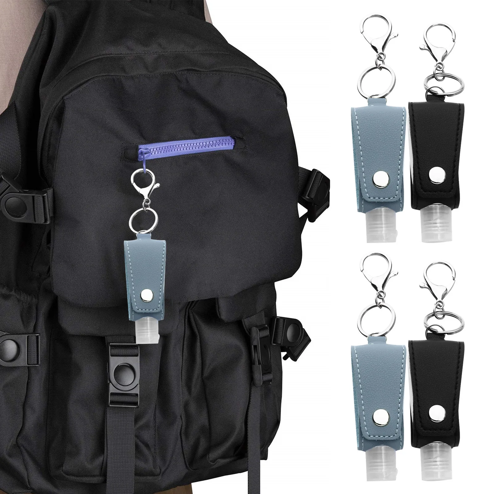 4 Stück Reise-Handflaschen mit einfarbigen Abdeckungen, tragbar, nachfüllbar, PU-Halter für Reisen, Camping, Fitnessstudio, Rucksack