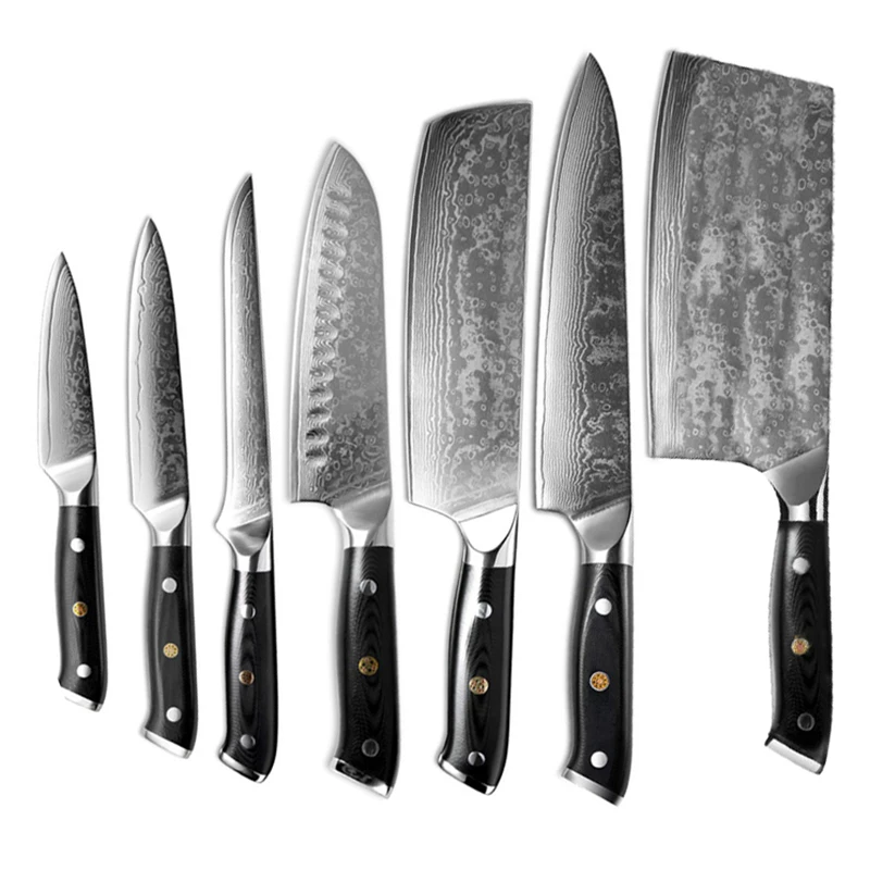 

7 PCS Knives Set 67 Layers Damascus Steel Blade Sharp Chefs Cleaver Utility Santoku Paring Slicing Nakiri Boning Kitchen Knives