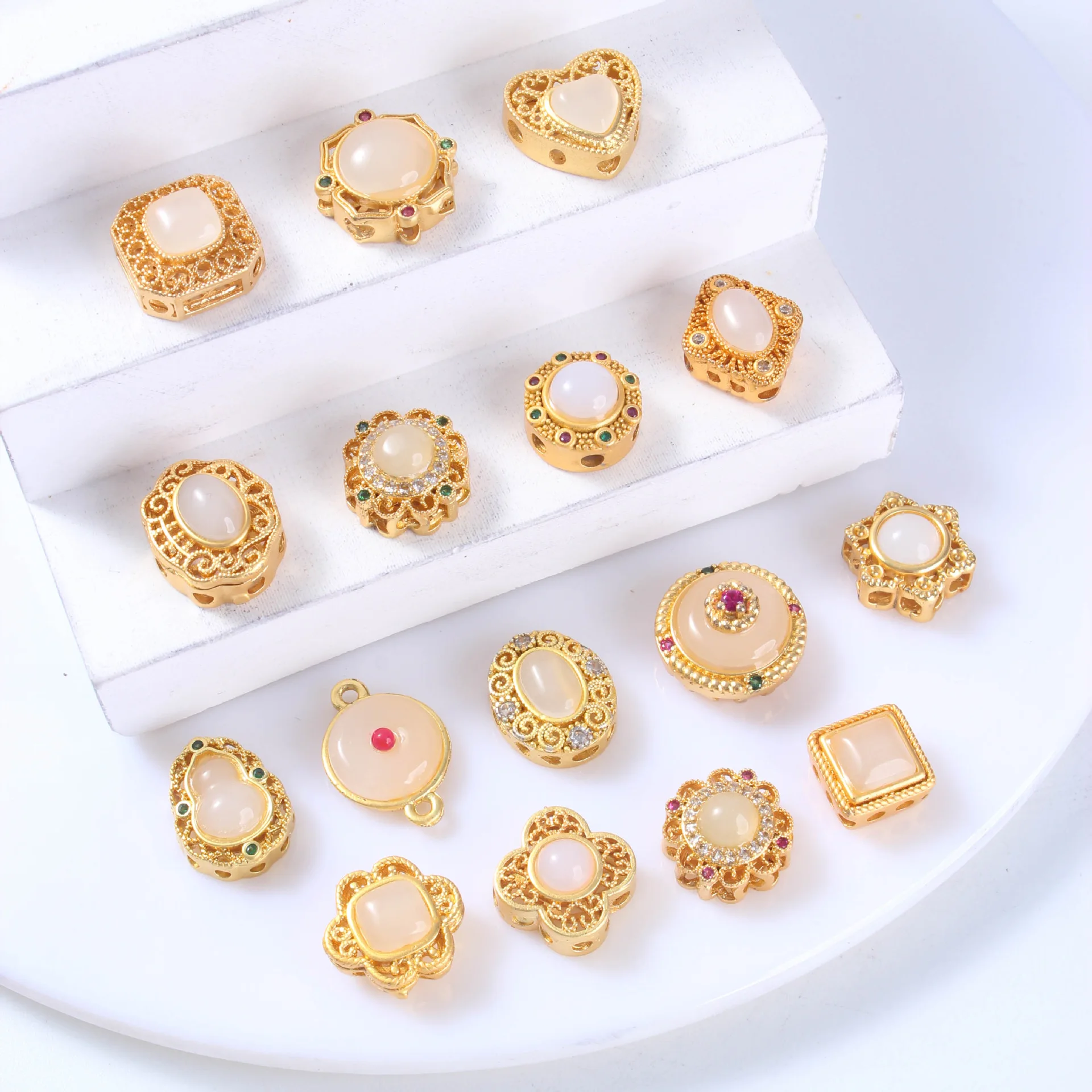 8pcs Copper Gold-plated Inlaid White Jade Porous Transport Beads DIY Necklace Bracelet Jewelry Accessories Beading Materials