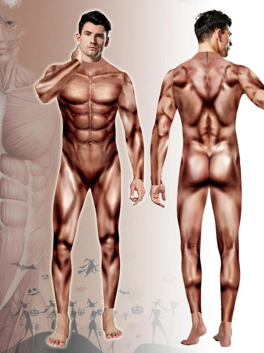 

Новый костюм для выступления на Хэллоуин Muscle Cos, боди с забавным принтом для мужчин и женщин, облегающая полиэфирная ткань