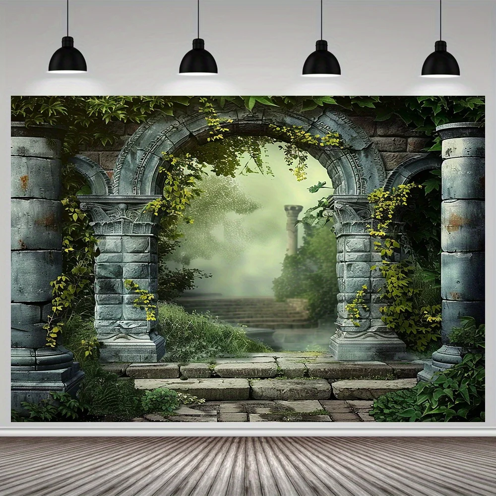 Vintage Palace Garden Backdrop - Gothic Castle Pillars & Arched Stairs, Foggy Medieval Thoto Prop For Parties & Portraits,