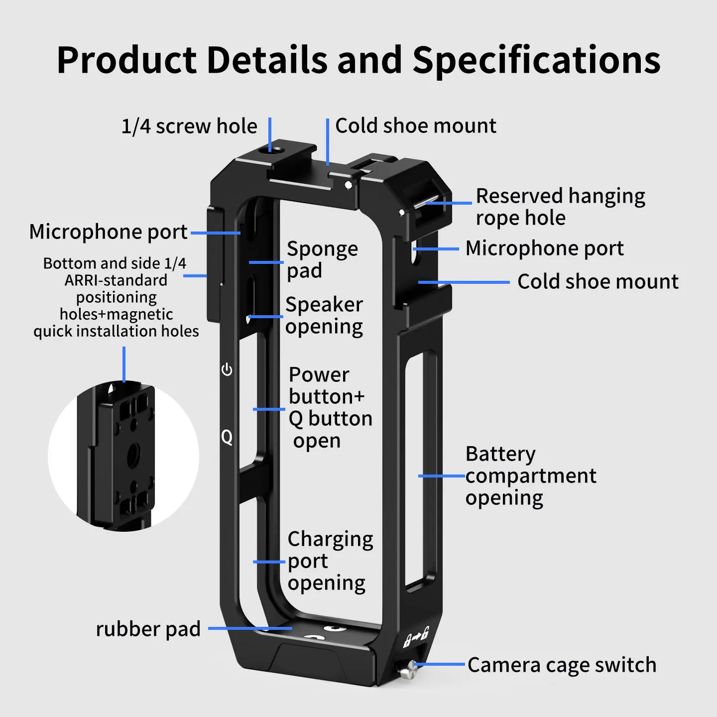 Metall-Kamerakäfig für Insta360 X4 Air Panorama mit magnetischem Schnellverschluss, Dual Cold Shoe Mount und Batteriewechsel ohne Entfernung – Detail 7