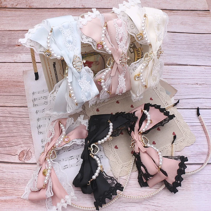 Japońska luksusowa opaska do włosów Lolita nakrycie głowy ręcznie robiona duża kokarda koronkowa korona Rhinestone zroszony akcesoria do włosów obręcz do włosów dla kobiet