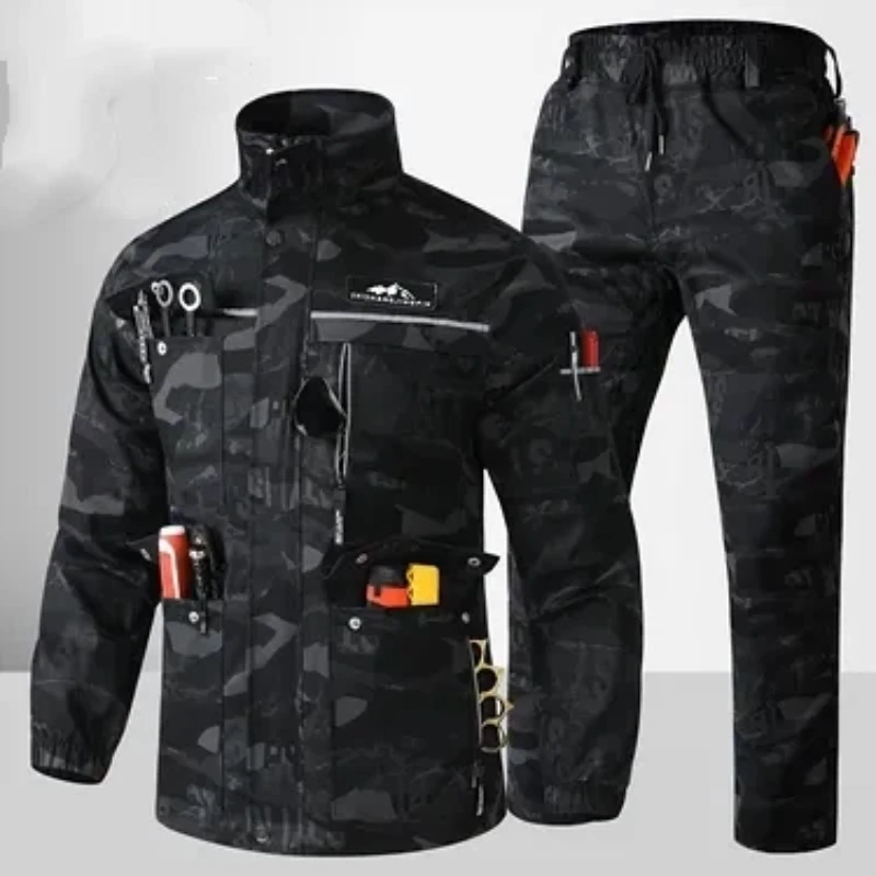 Men Stretch Water Resistant Camo Workwear Set Reflective Strip Stand Collar Jacket And Multi Pocket Cargo Pants