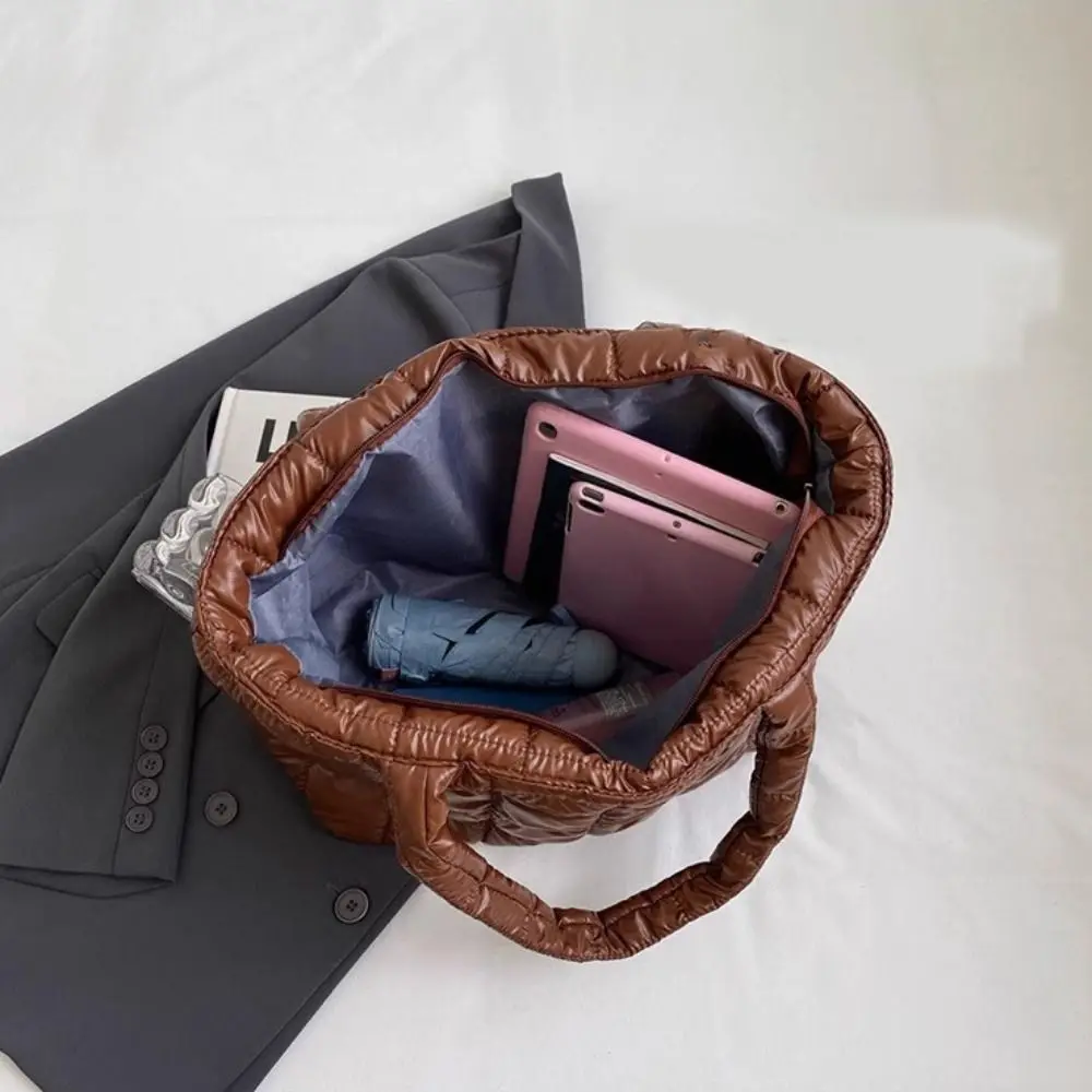 Tas Bahu Katun Gaya Korea Tas Tote Berlapis Katun Warna Polos Kotak-kotak Tas Tangan Nilon Ringan Kapasitas Besar