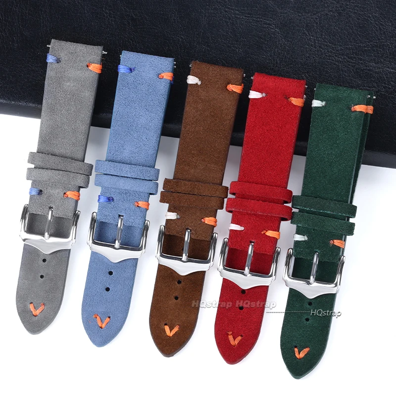 High Quality Vintage Suede Leather Watchband Blue Brown Khaki Green Watchband Replacement Strap 18mm 20mm 22mm Watch Accessories