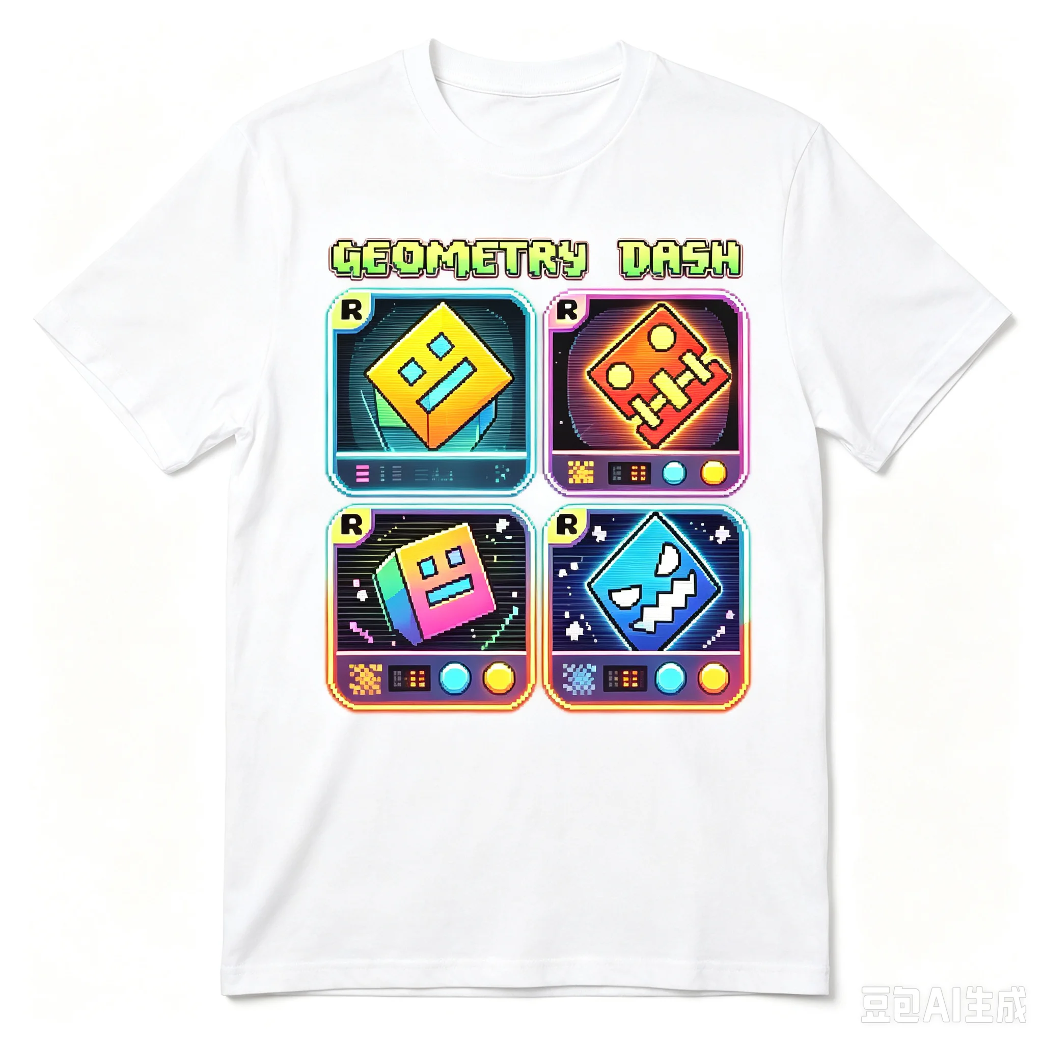 Geometry Dash Game Graphic T‑Shirt Men Retro Pixel Four Character Cards Print Crew Neck Gamer Short Sleeve Te