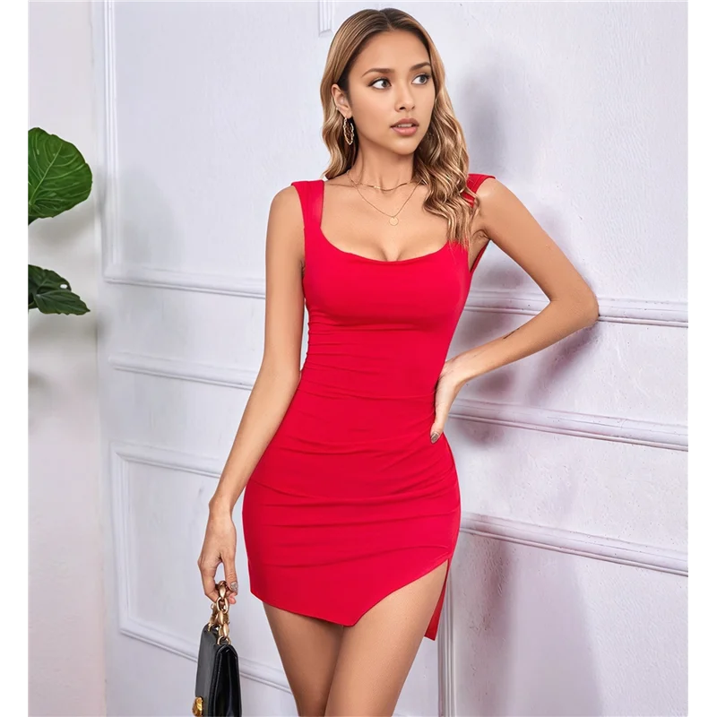 ASDS-Women's Summer Sleeveless Tie Waist Back Square Neck Backless Slit Hem Ruched Bodycon Mini Tank Dress