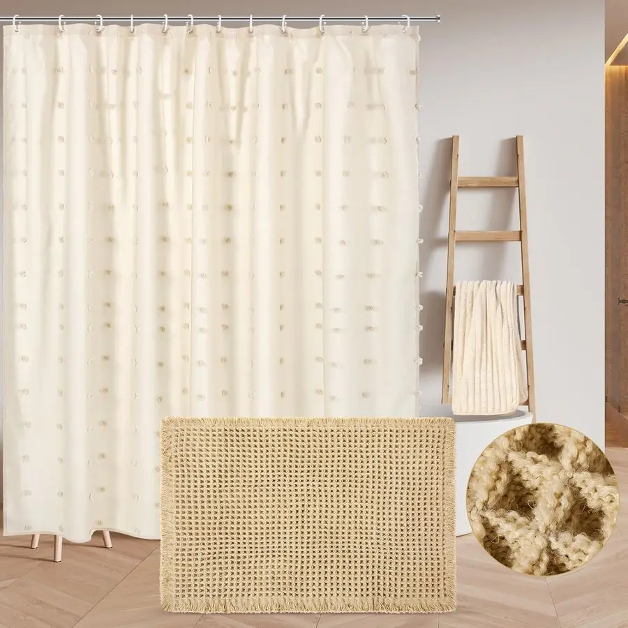 

Набор из 3 предметов: шторка для душа в стиле бохо-ферма, вафельный коврик для ванной и полотенце, кремовый, водонепроницаемый, нейтральный, нескользящий.