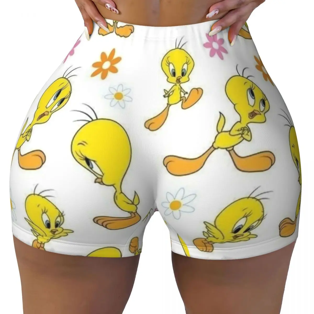 Custom Tweetys Cartoon Animation Yellow Bird Volleyball Biker Gym Shorts Women's Athletic Workout Yoga Shorts