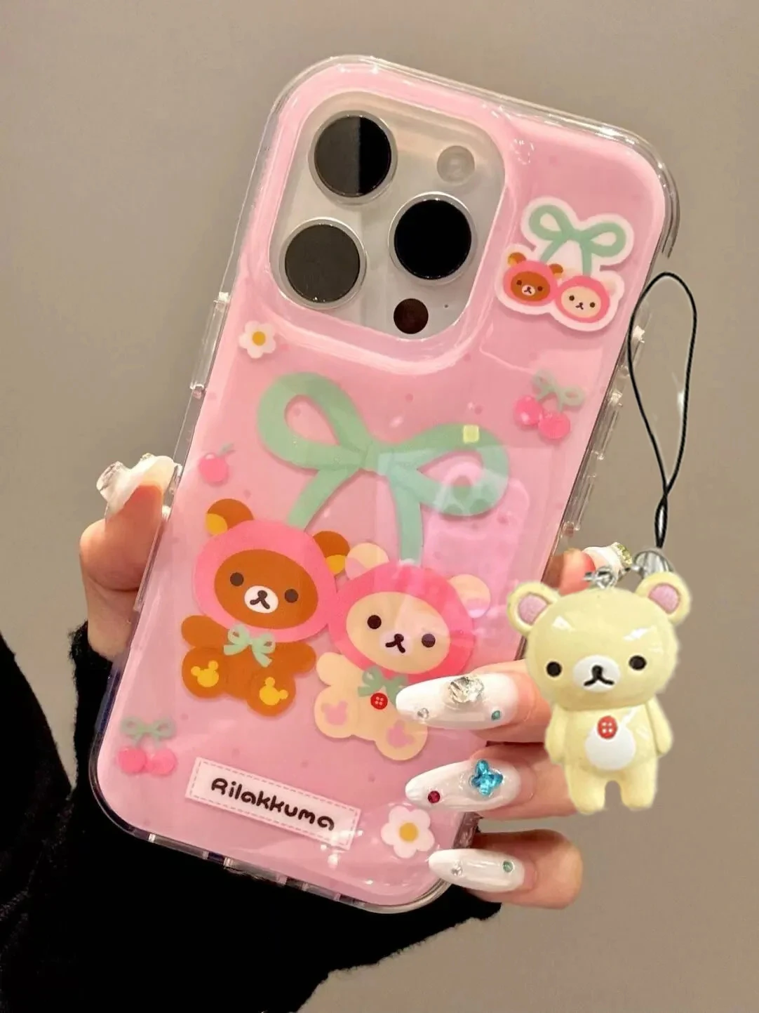 جميل R-Rilakkuma الكرز Kawaiii الكرتون زوجين جراب هاتف آيفون 17 AIR 16 15 14 13 12 11 برو ماكس 16 زائد Y2K غطاء لطيف