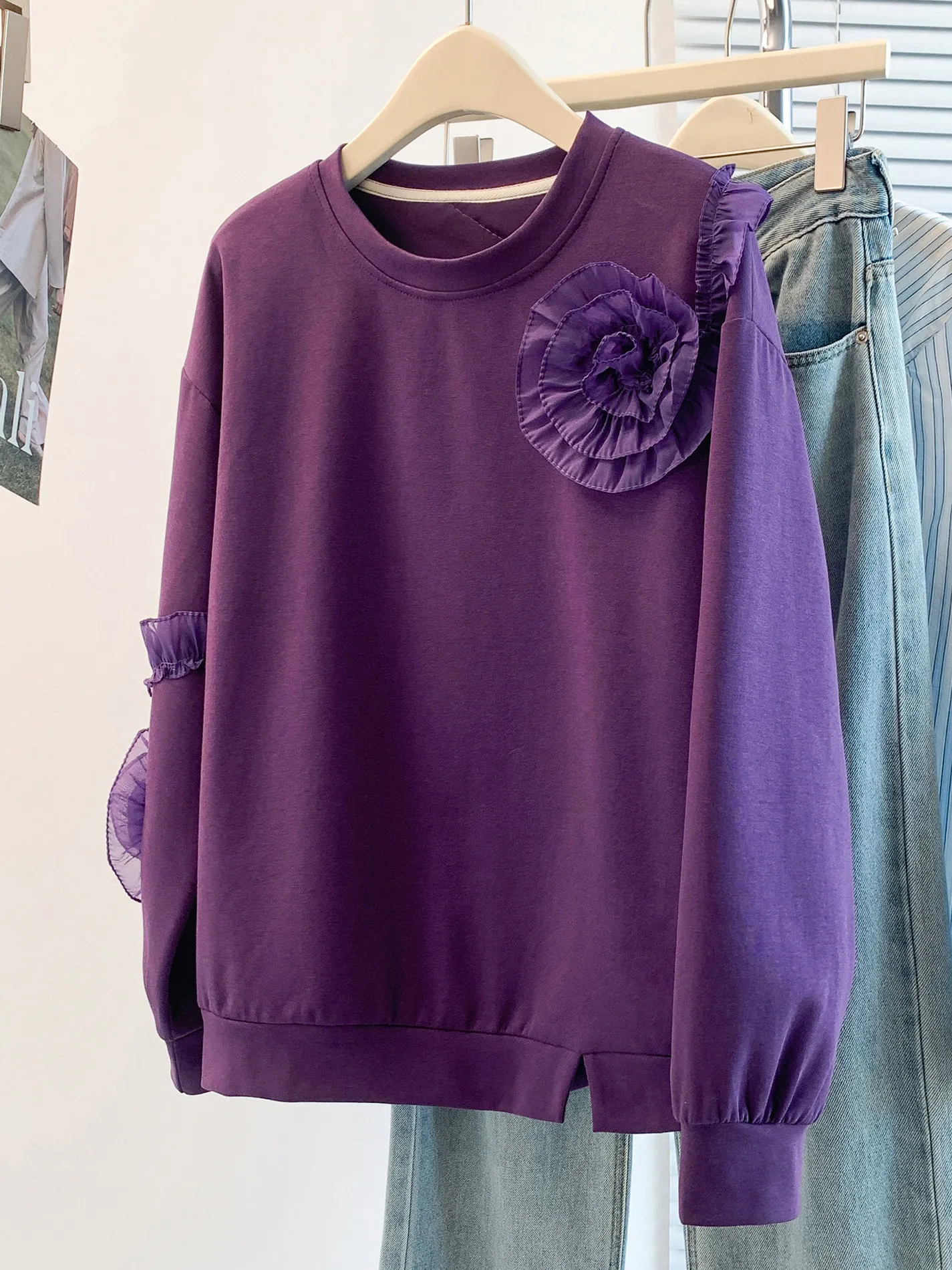 

Heavyweight Floral Trim Sweatirt Women's plus Size Versatile Casual Sle Long Sve round Ne Cotton Blend Top