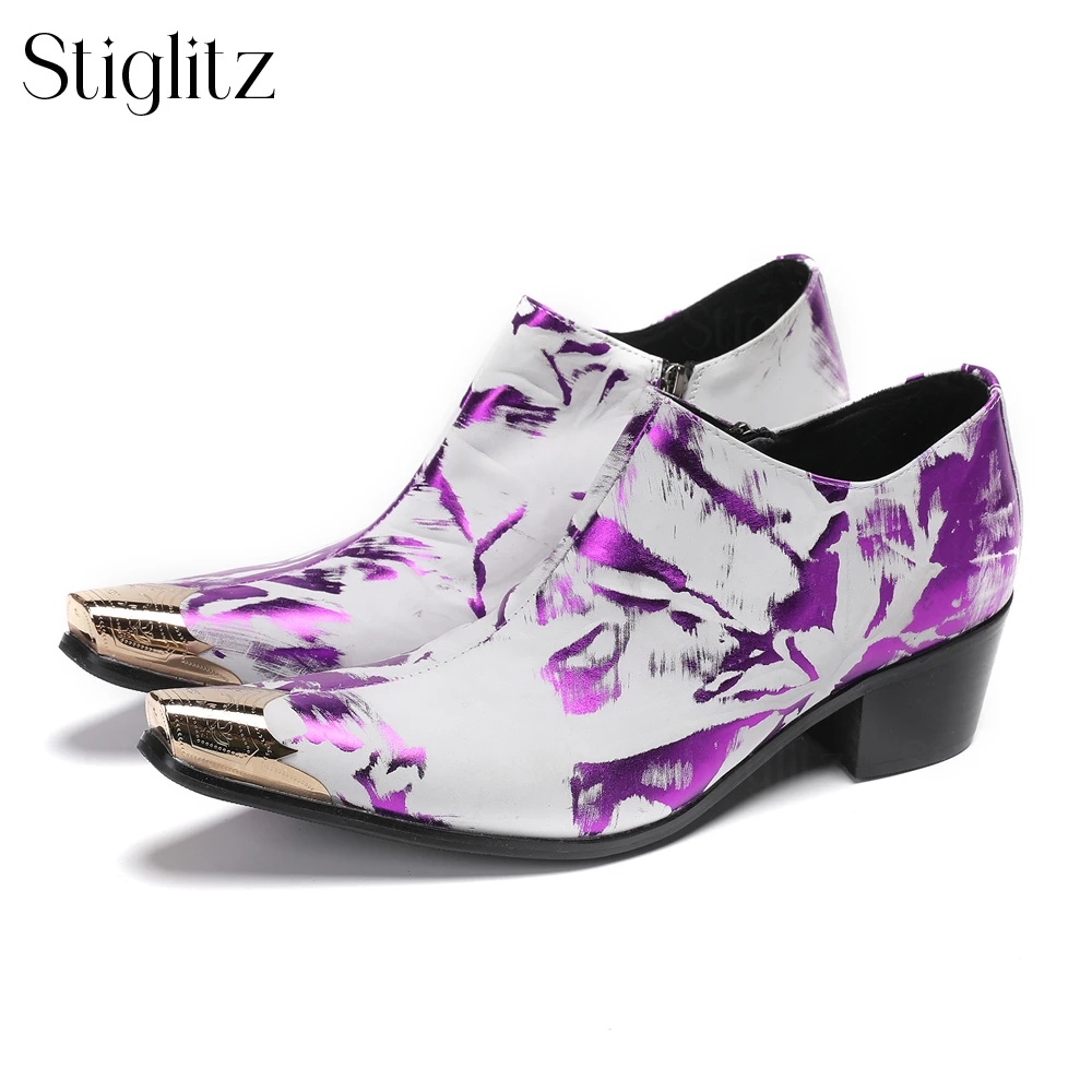 

Purple Painted Metal Tip Shoes Novelty Designer Style High Heeled Leather Shoes for Men Elegant Stylish Pointed Toe Dress Shoes