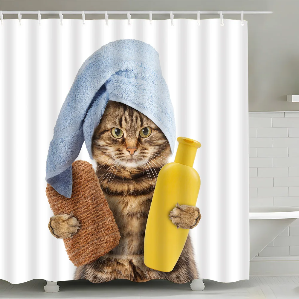 Funny Animal Shower Curtains Cute Cat Bathing Pet Kitty Pattern Bathroom Decor Polyester Fabric Hanging Curtain Set