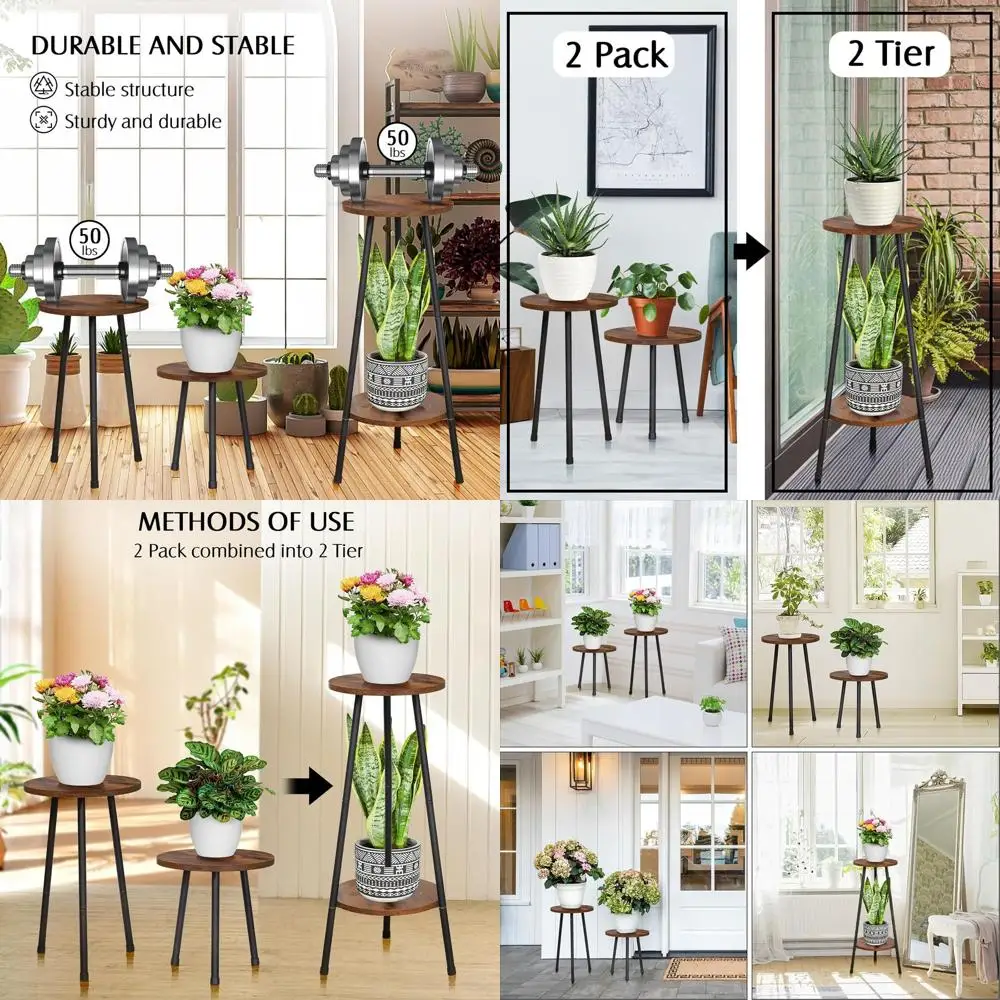 

Двухуровневая деревянная подставка для растений — в стиле века, для использования в помещении/на улице, маленький круглый столик, черный, два размера