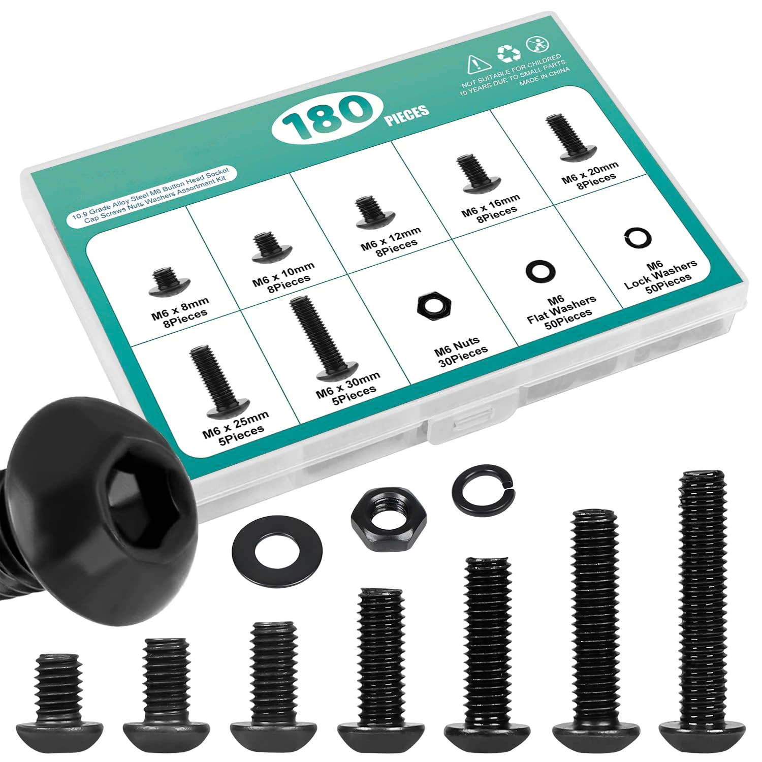

180 sets of M6 x 8-30mm button head socket screws, nuts, washers and lock washers, 10.9 grade alloy steel, full thread