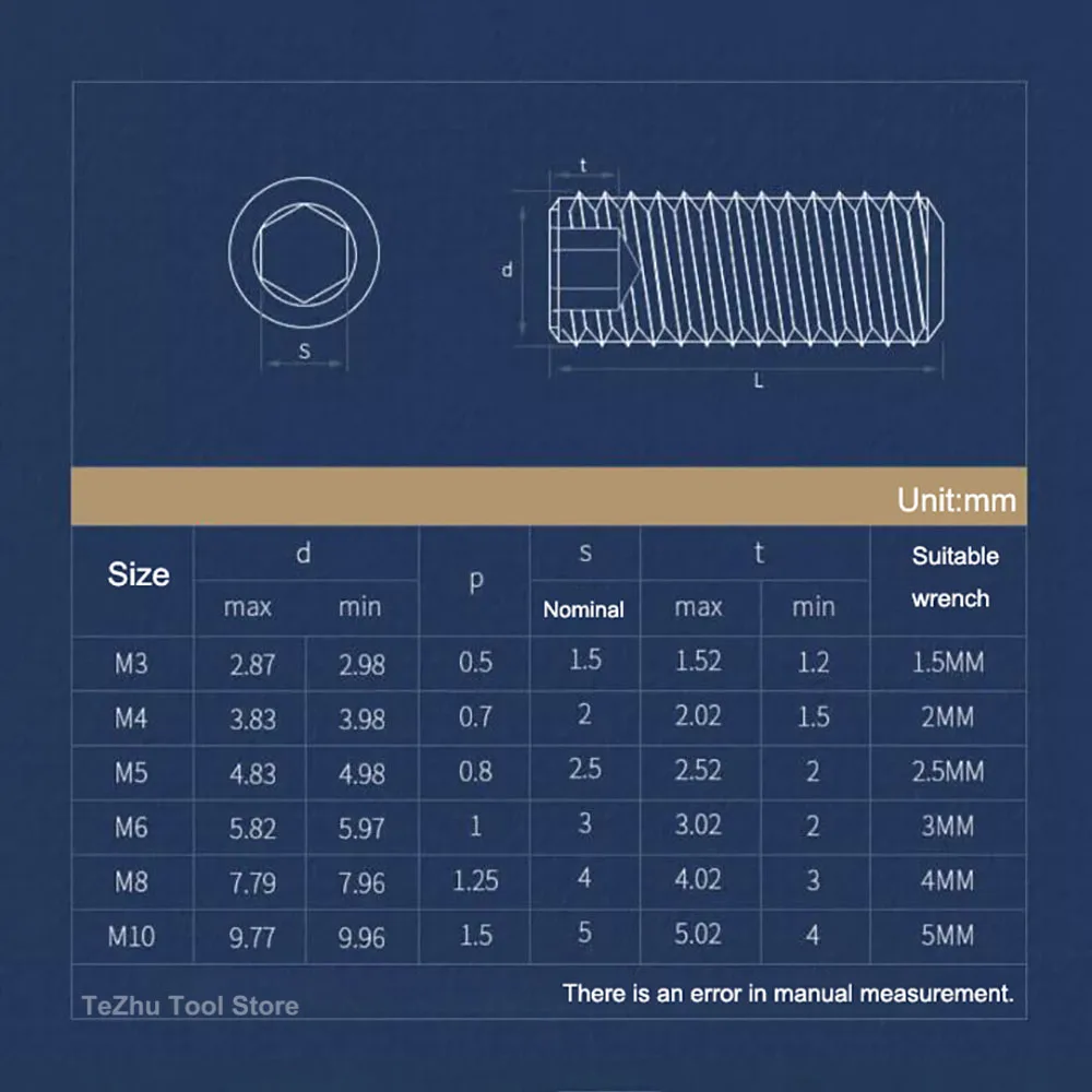 Hex Socket Set Screw Flat Point 304 Stainless Steel Grub Screw M2 M2.5 M3 M4 M5 M6 M8 M10 M12 M14 M16 End Grub Headless Bolt