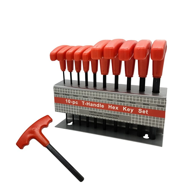 10 Piece Allen Key Set With Flat Head T-Shaped Red Handle H2-H10 Wrench Blackened Iron Frame