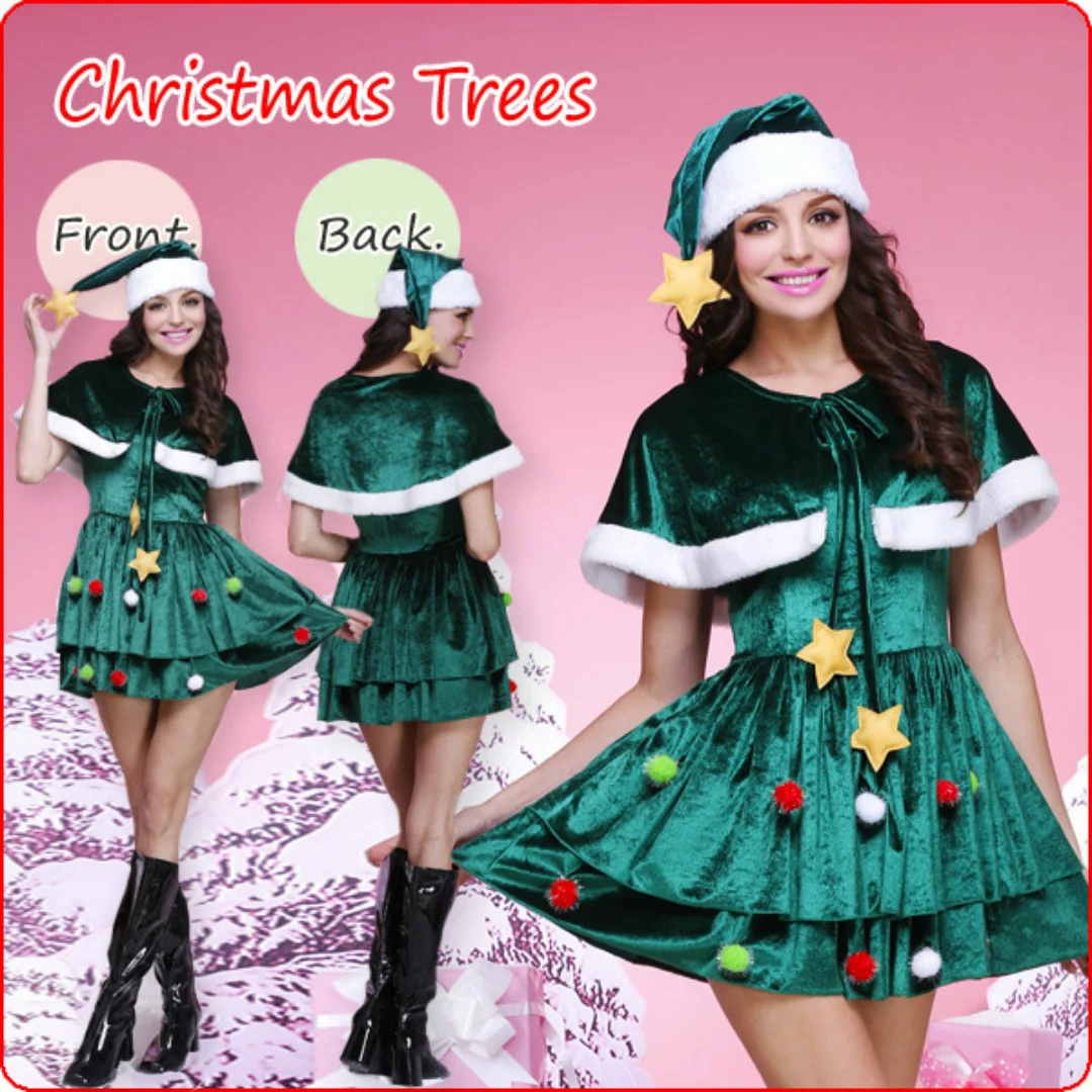 

Green Christmas Tree Nightdress Role-playing Costume Shawl Performance Costume Pajamas Set Night Wear Cosplay for Women