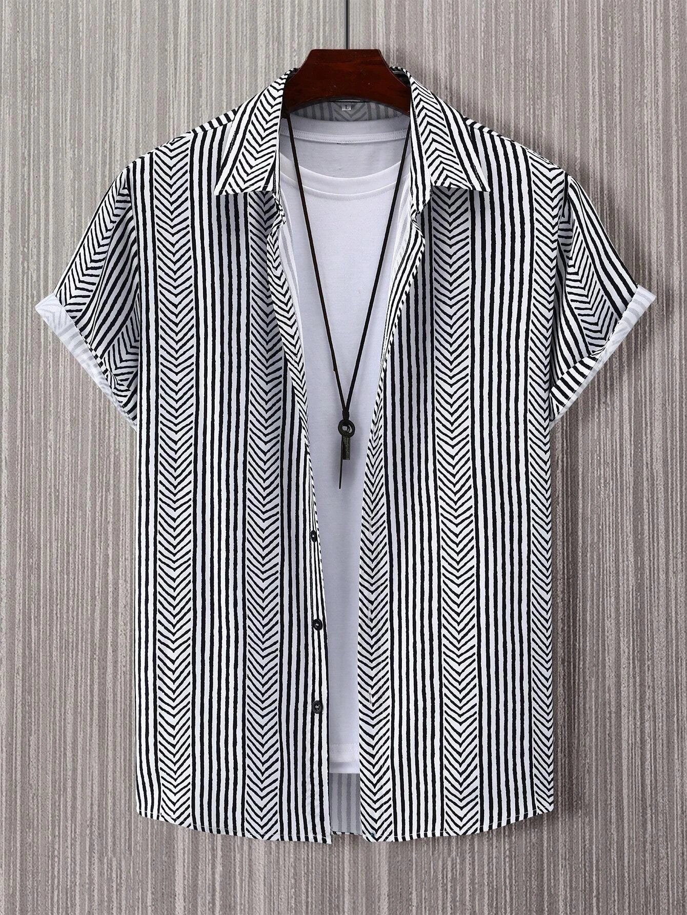 Men Women Stripe Pattern Print Shirts Casual Design Short Sleeve Shirts Fashion Button Short Sleeve Tops