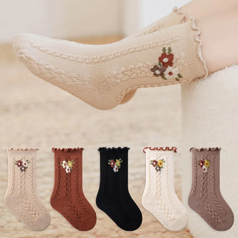 

RUEWEY 0 to 8 Years Toddler Baby Girls Princess Socks Autumn Winter Knit Floral Embroidery Socks for Party, Photography