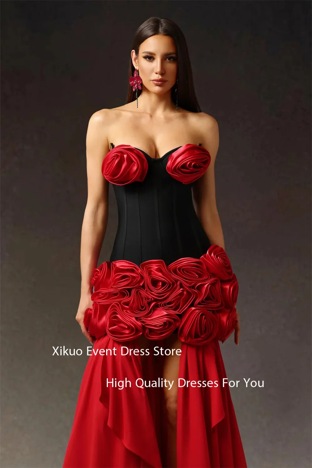 Xikuo vermelho e preto cetim vestidos de noite querida sofisticado robe cocktail femmes plissado 3d flores vestidos de baile personalizado