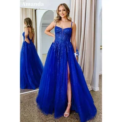 Amanda Sweet Sapphire Side Split Evening Dress Princess Lace Side Split Prom Dress 2024 Sexy Spaghetti Strap Vestidos De Fiesta