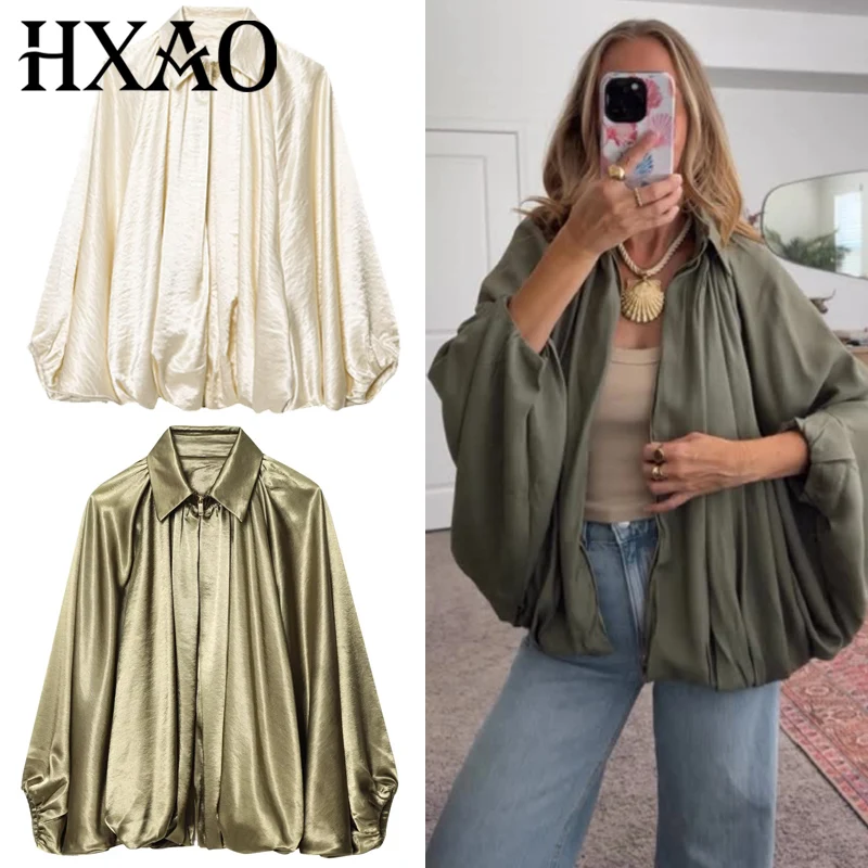 

HXAO женские куртки оверсайз-бомбер зелено-белая верхняя одежда пышное пальто больших размеров с длинными рукавами шикарная элегантная свободная куртка