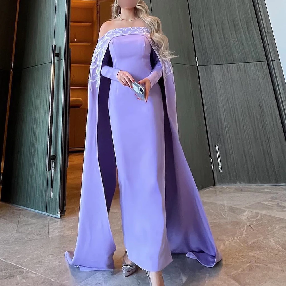 

Customized Jersey Straight Off the Shoulder Appliques Evening Dress Strapless Long Sleeves Floor Length Watteau Train Fashion