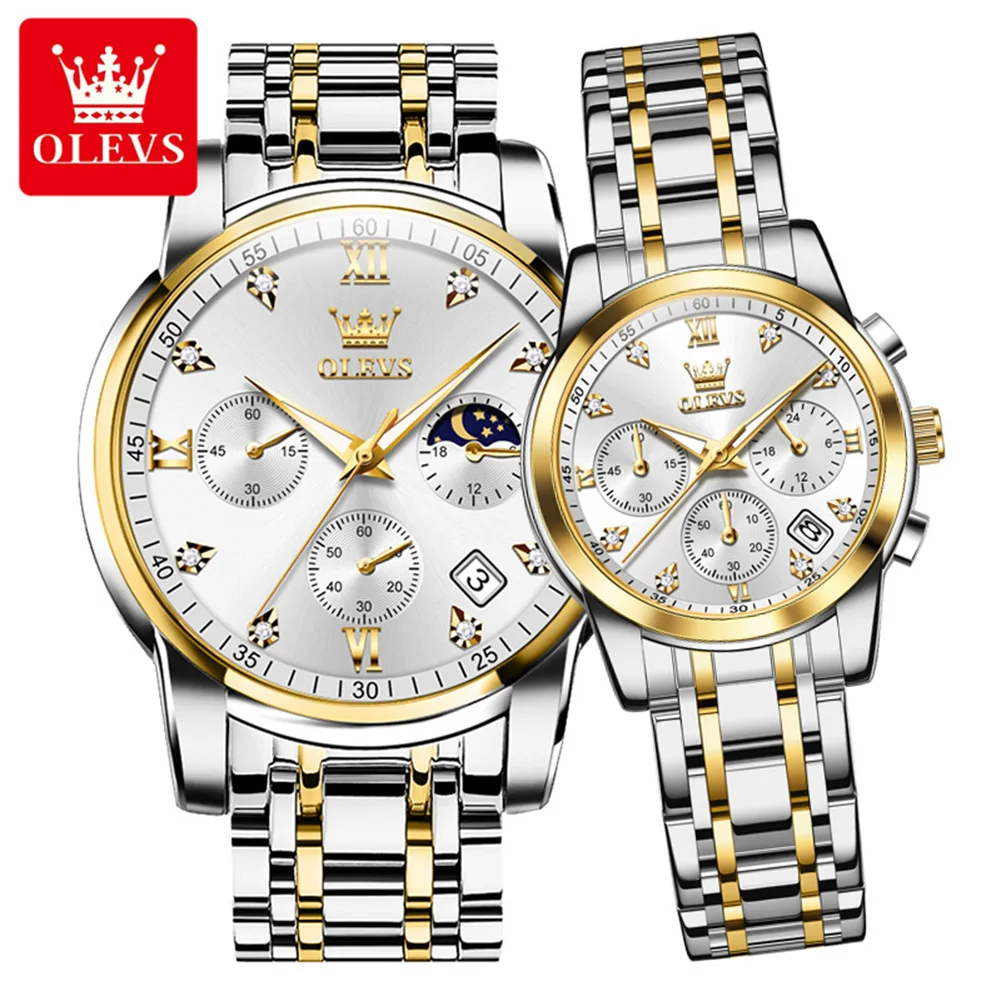 

OLEVS модные часы для пар из нержавеющей стали водостойкий календарь модный хронограф кварцевые часы для мужчин и женщин оригинальные часы