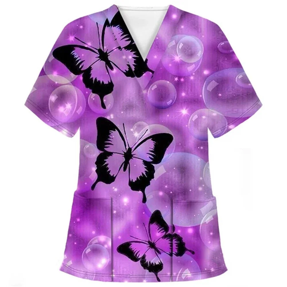 Medical Clothes Elegant Butterfly Print V-Neck Surgical Uniform Woman Short Sleeve Color Patch Pocket Top Clinical Uniform Woman