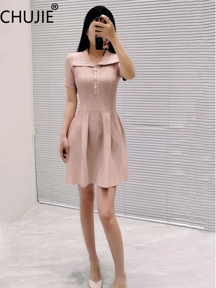 

CHUJIE French Lapel Knit Dress Slim Fit Short Sleeve Office Chic Bodycon Dress SS25 with Belt