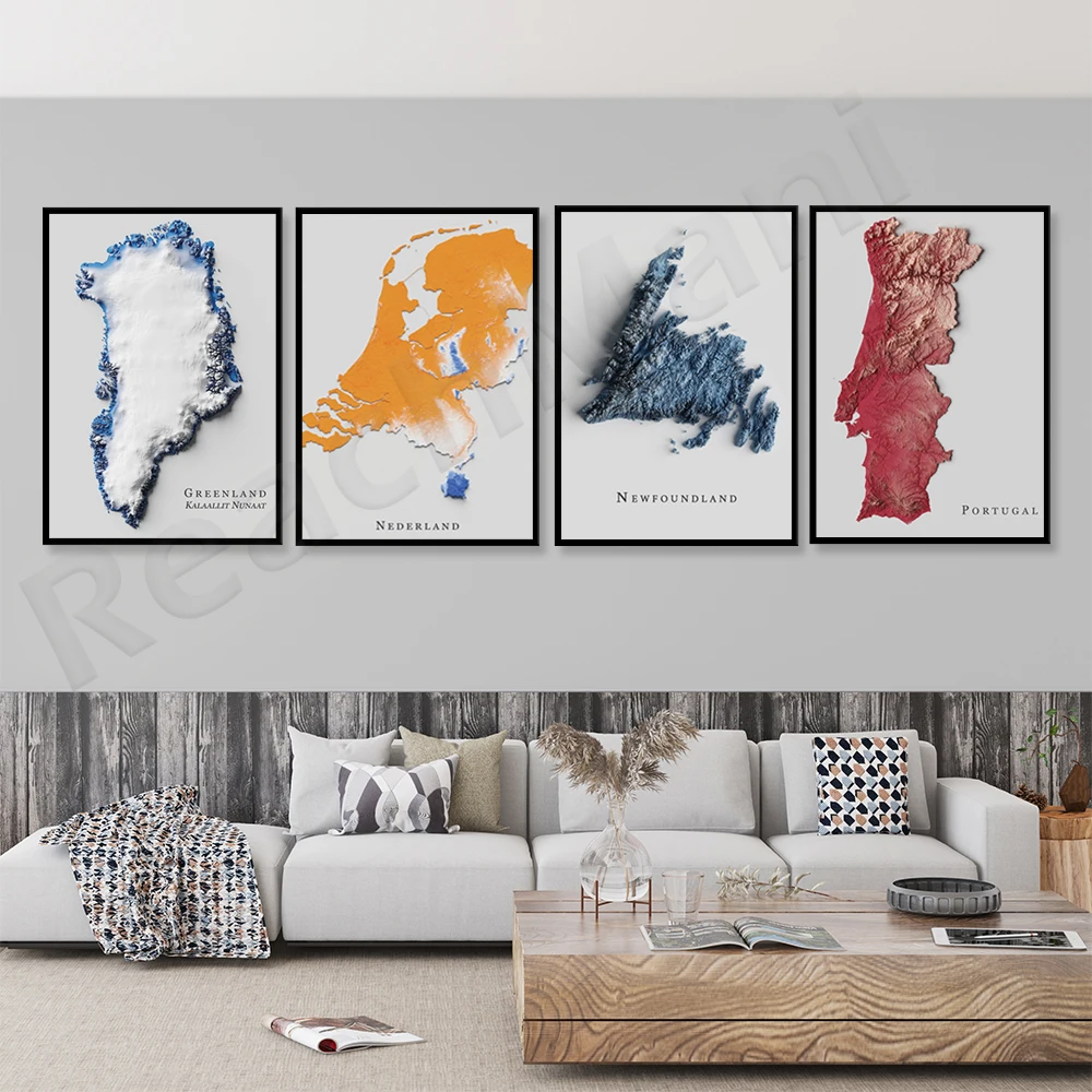 

Poster with topographic map of Ukraine, Austria, Greenland, Newfoundland, Mexico, Kentucky, USA, Netherlands, Portugal