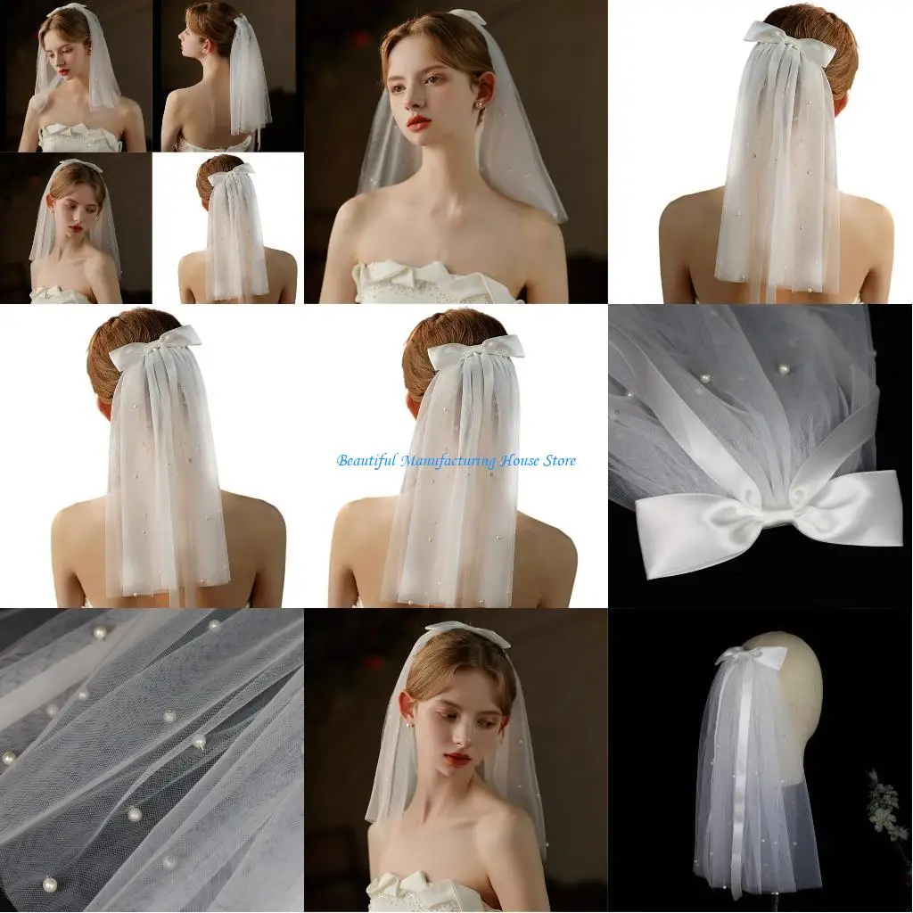 

E56A Two Layer Bride Veils Bowknot Headpiece Beadwork Pearls Studded Decorative Headpiece For Wedding Ceremony Photography