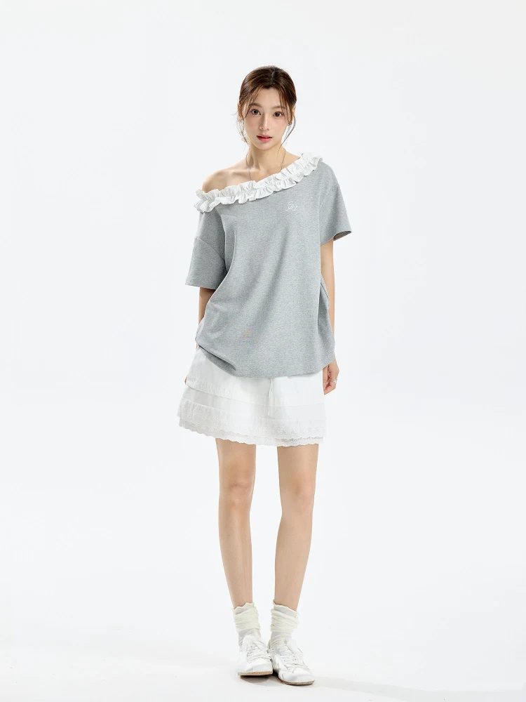 

INSLiiSA свободная футболка с кружевной отделкой и рюшами, женская утягивающая летняя повседневная универсальная футболка из смеси хлопка